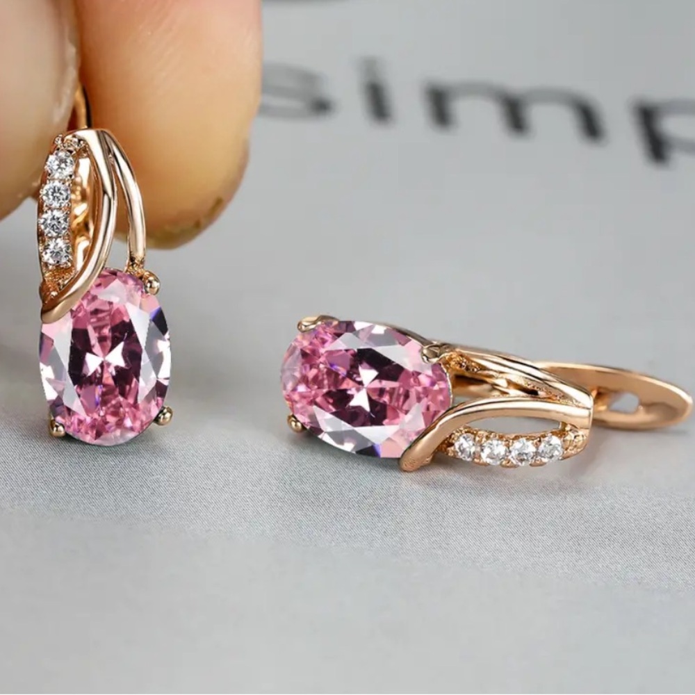 18k Gold Plated Water Drop Pink Diamond Earrings